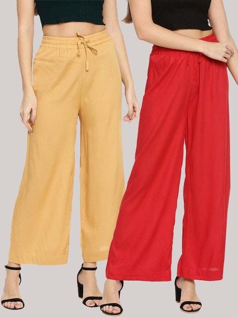 TWIN BIRDS Beige & Red Mid Rise Palazzos - Pack Of 2