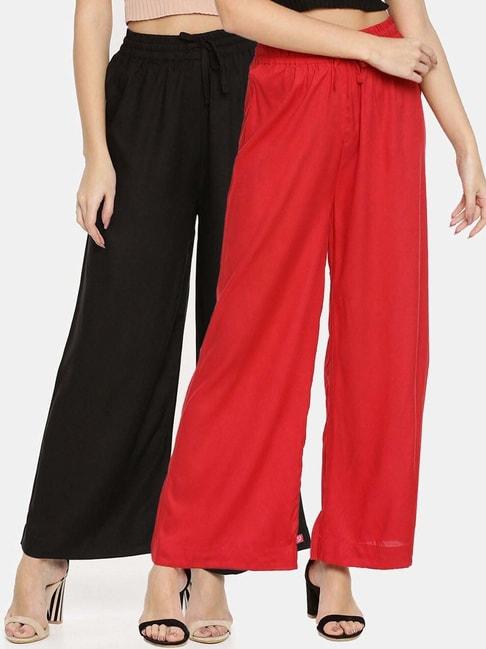 TWIN BIRDS Black & Red Mid Rise Palazzos - Pack Of 2