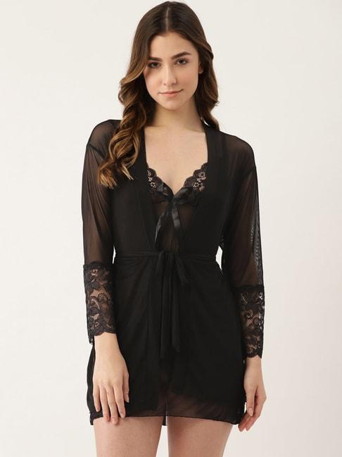 Ms.Lingies Black Lace Work Babydoll With Robe