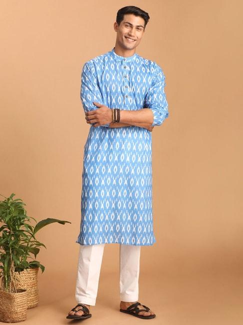 vastramay-aqua-&-white-regular-fit-printed-kurta-&-pants-set