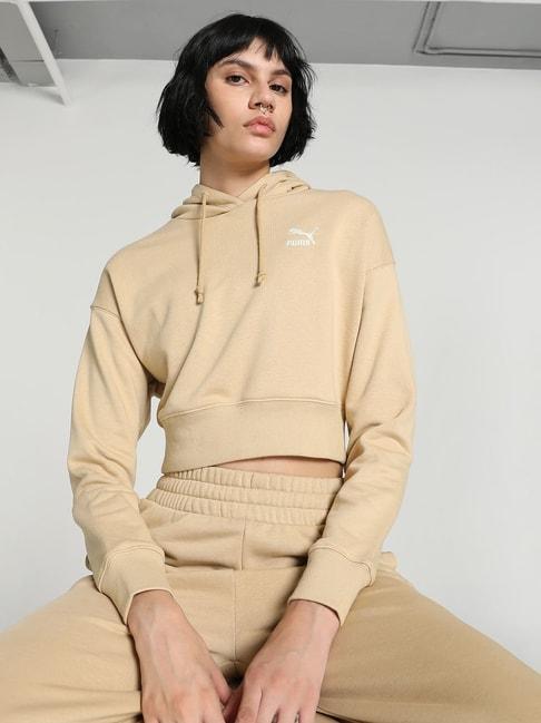 Puma Beige Cotton Solid Sports Cropped Hoodie