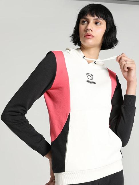 Puma White & Pink Cotton Color-Block Sports Hoodie