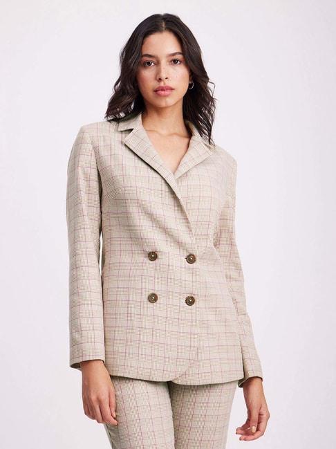 Fablestreet Beige Cotton Chequered Double Breasted Blazer