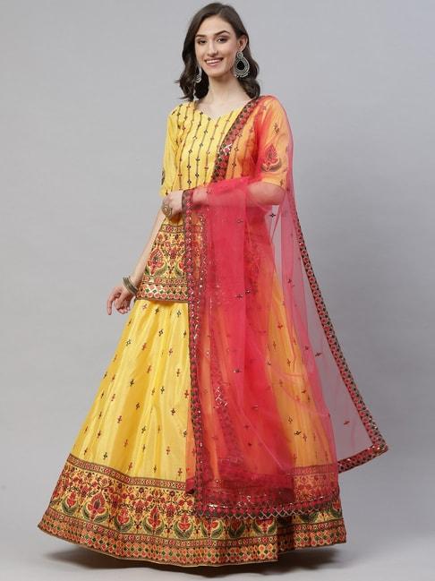 SHUBHKALA Yellow & Pink Embroidered Lehenga and Choli Set With Dupatta