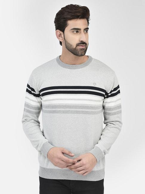 Crimsoune Club Grey Regular Fit Striped Cotton Sweater
