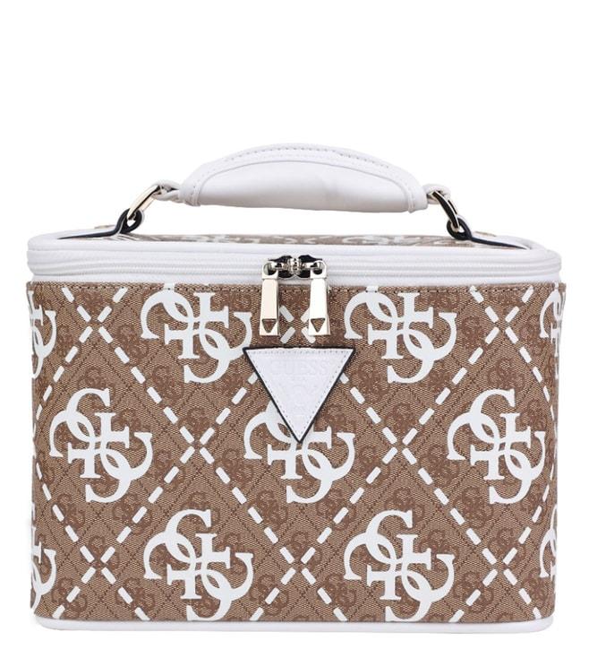GUESS White & Brown Wilder Printed Small Beauty Case