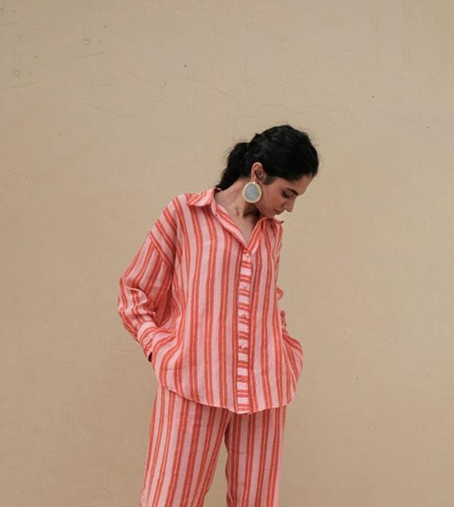 Khajoor Studio Pink & Red Bageecha Trellis Stripes Statement Shirt