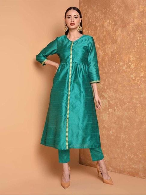 Kaanchie Nanggia Teal Green Solid Straight Kurta with Pant (Set of 2)