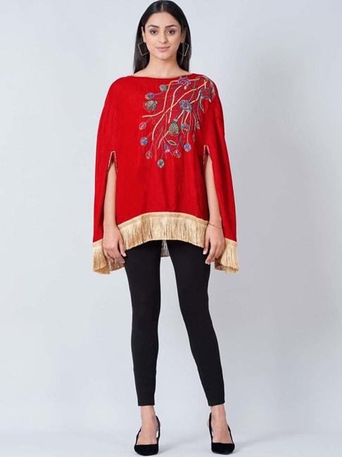 First Resort By Ramola Bachchan Red Floral Sequinned Velvet Poncho With Golden Fringe