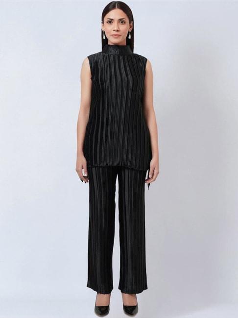 First Resort By Ramola Bachchan Black Sleeveless Turtle Neck Box Pleated Top
