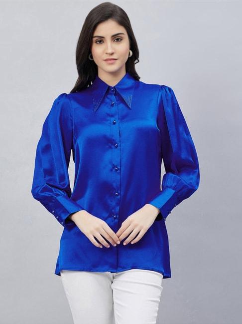 First Resort By Ramola Bachchan Cobalt Blue Shirt Collar Embellished Satin Shirt