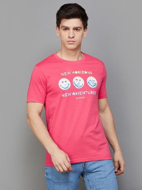 smileyworld-pink-regular-fit-printed-crew-t-shirt