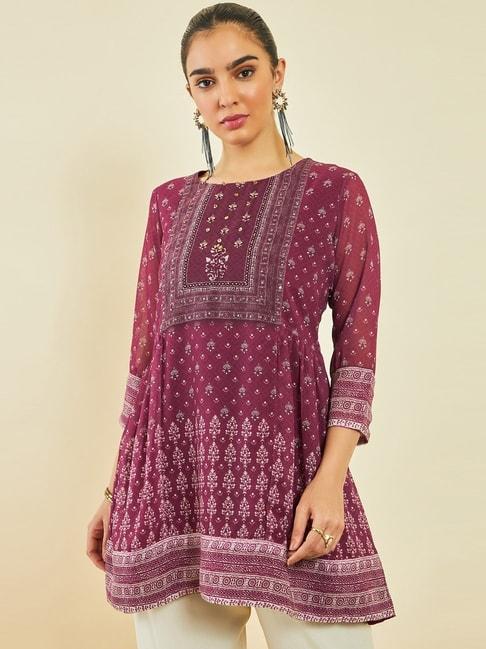 soch-maroon-georgette-floral-print-round-neck-tunic-with-beadwork