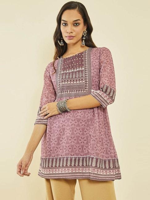 Soch Earth Georgette Geometric Print Round-Neck Tunic with Beadwork