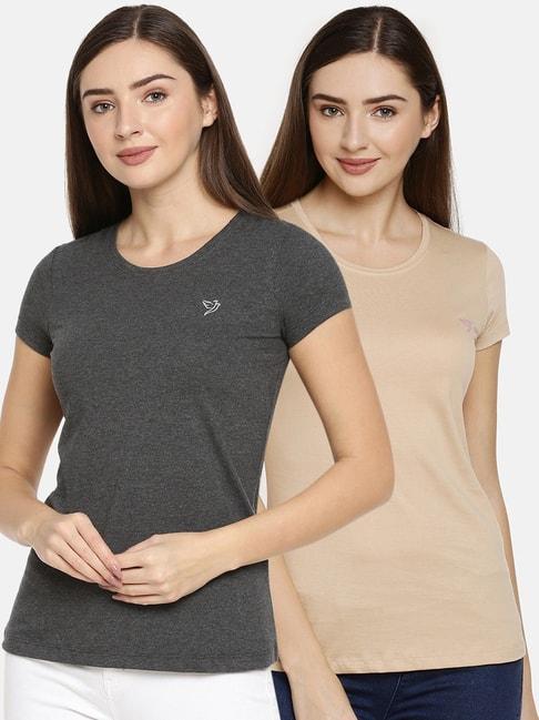 Twin Birds Grey & Beige Slim Fit T-Shirt - Pack Of 2