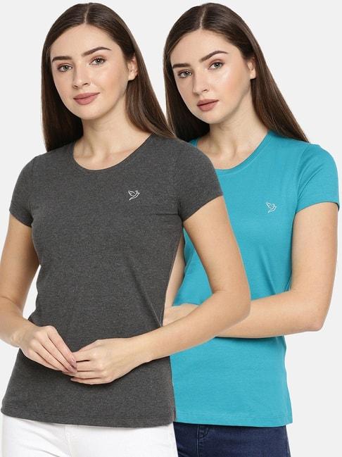 Twin Birds Grey & Blue Slim Fit T-Shirt - Pack Of 2