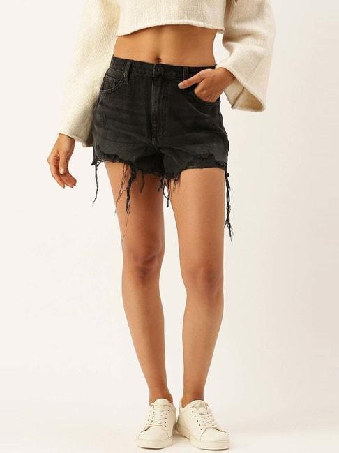 forever-21-black-cotton-mid-rise-distressed-shorts