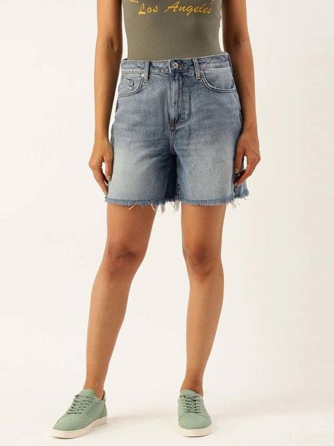 forever-21-blue-cotton-mid-rise-shorts