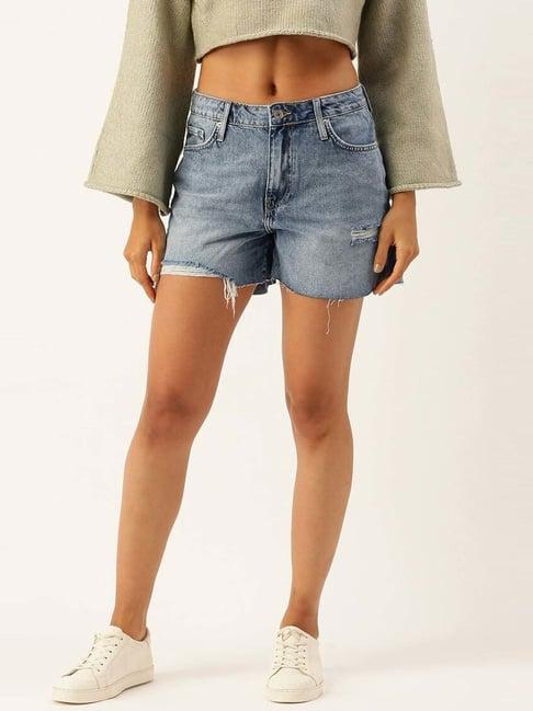 forever-21-blue-cotton-mid-rise-distressed-shorts