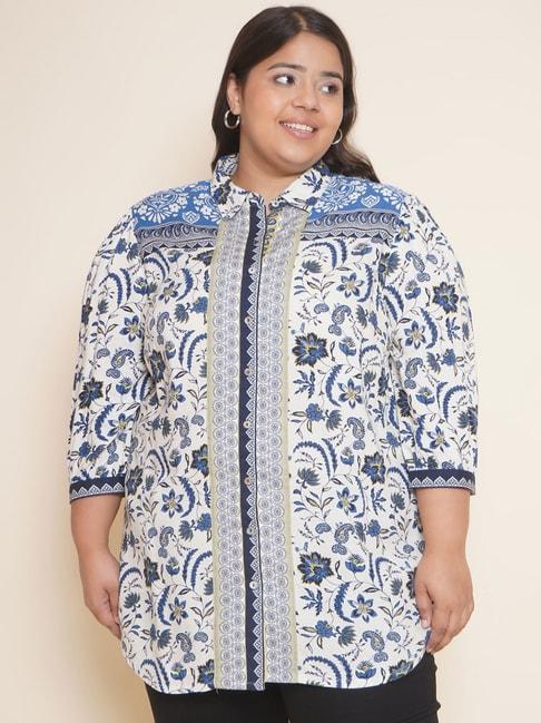 Kiaahvi Plus Size Blue & White Floral Print Shirt