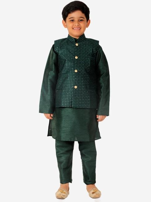 Pro-Ethic Style Developer Kids Dark Green Printed Full Sleeves Kurta, Waistcoat with Pyjamas