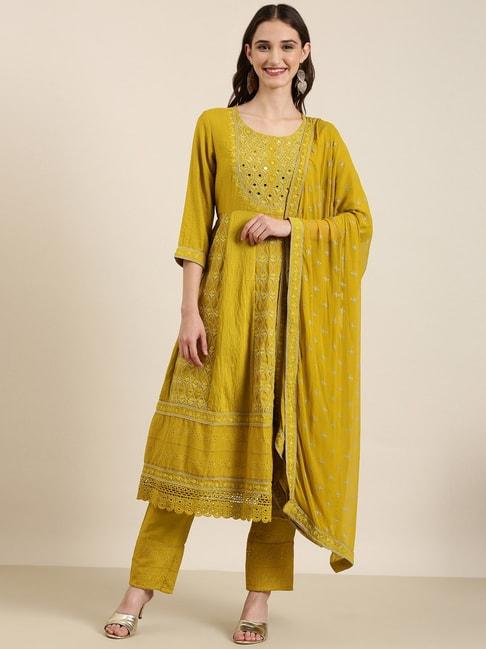 SHOWOFF Lime Green Embroidered Kurta With Pants & Dupatta