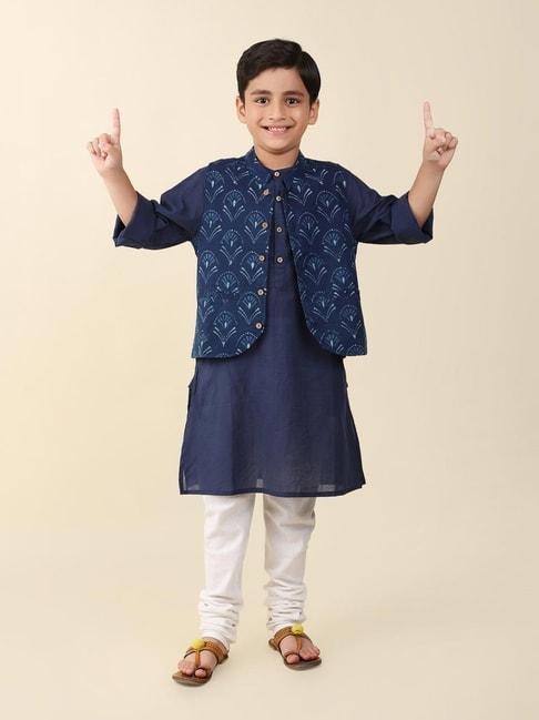 Fabindia Kids Navy Printed Full Sleeves Kurta with Nehru Jacket