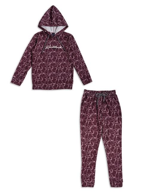 Cavio Kids Maroon Printed Full Sleeves Hoodie with Trackpants