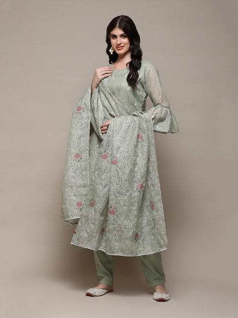 Biba Green Cotton Embroidered Unstitched Dress Material