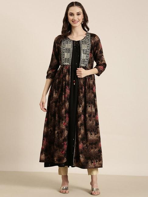 showoff-black-cotton-floral-print-kurta-with-jacket
