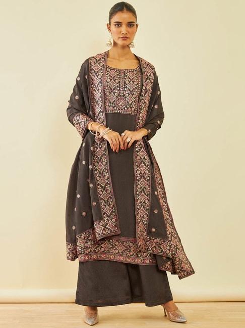 Soch Charcoal Chinon Floral Embroidered Palazzo Suit Set with Dupatta