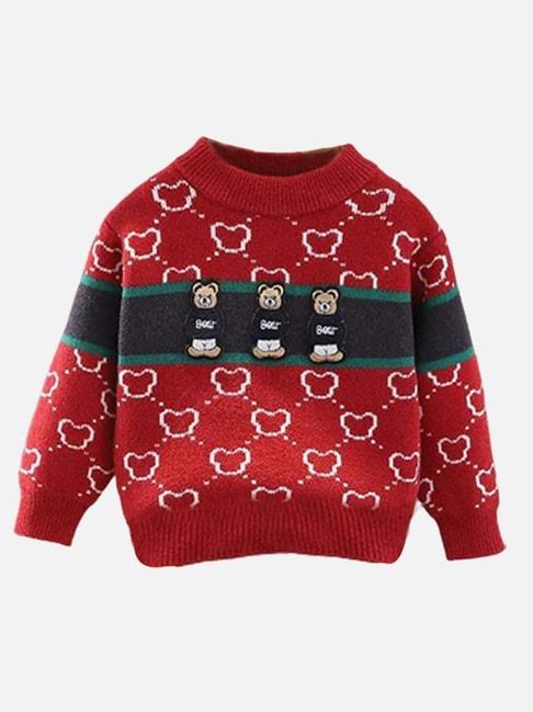Little Surprise Box Teddy Red & Navy Printed Full Sleeves Sweater