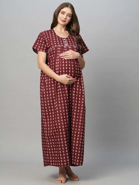 momtobe-maroon-printed-maternity-nighty