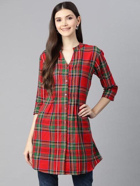 One Femme Red & Green Check Tunic