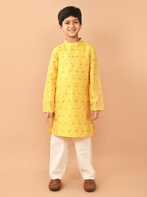LilPicks Kids Yellow & White Embroidery Full Sleeves Kurta with Pyjamas