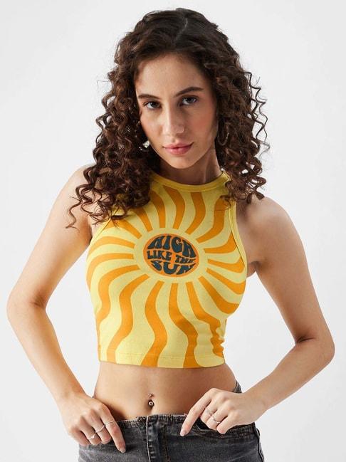 The Souled Store Yellow Cotton Printed Crop Top