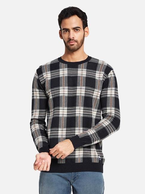 mettle-navy-cotton-regular-fit-checks-sweater