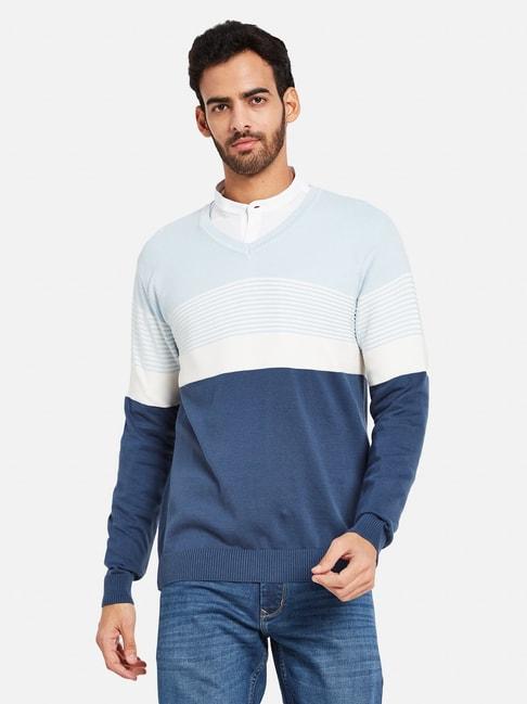 mettle-sky-blue-cotton-regular-fit-striped-sweater