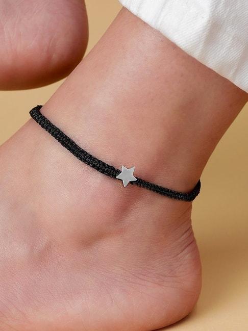 Zavya 925 Sterling Silver Rhodium Star with Black Thread Flexible Anklets For Women