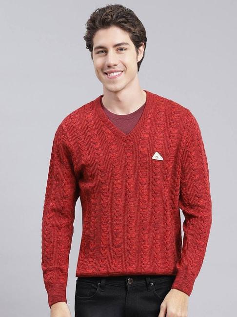 Monte Carlo Maroon Regular Fit Self Pattern Sweater