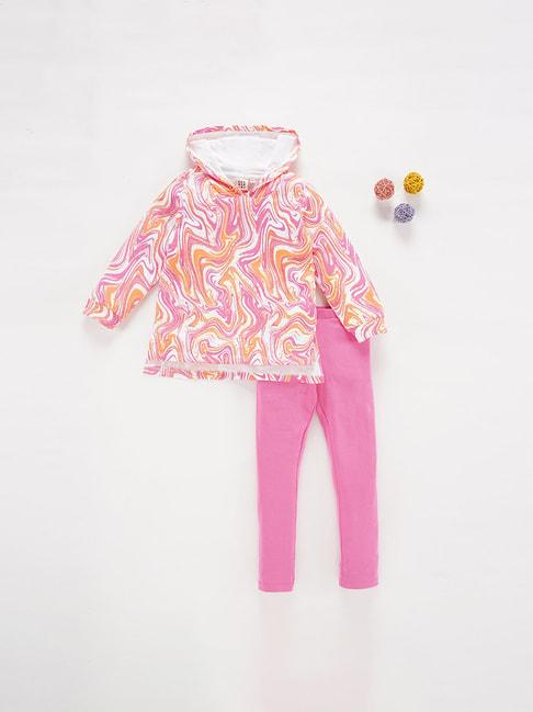 Ed-a-Mamma Kids White & Pink Printed Full Sleeves Sweatshirt with Leggings