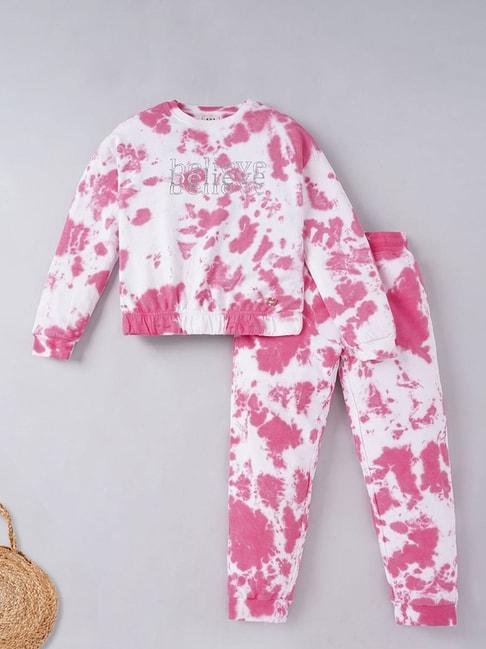 Ed-a-Mamma Kids Pink & White Tie Dye Full Sleeves Sweatshirt with Joggers