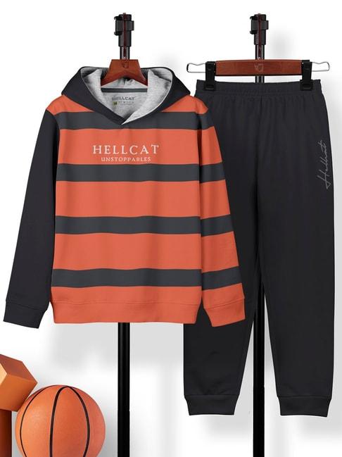 HELLCAT Kids Orange & Black Printed Full Sleeves Hoodie T-Shirt with Trackpants