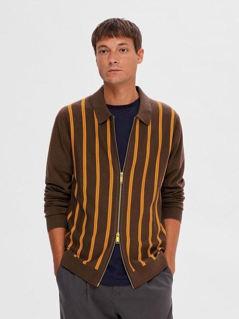 selected-homme-brown-regular-fit-striped-cardigan