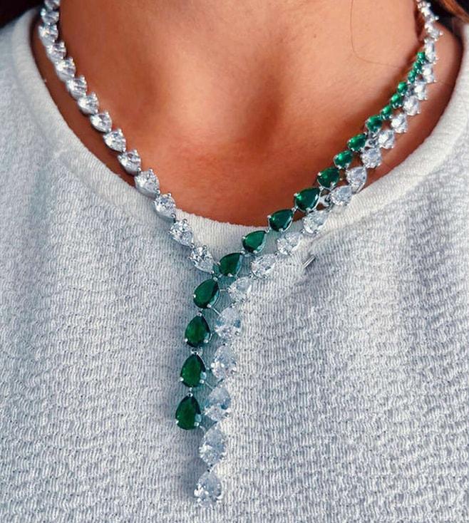 Prerto Yellow & Grey Wind Fall Aylin Green Emerald Diamonte Set (Earring & Necklace)