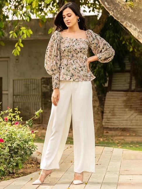 BInfinite Beige Vintage Floral Top and White Trousers