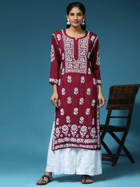 house-of-kari-hok-hand-embroidery-chikankari-long-kurti-for-women--maroon
