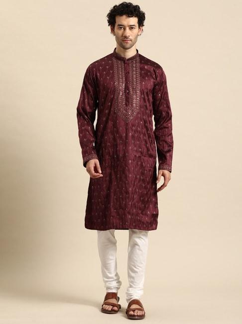 manq-maroon-&-white-regular-fit-embroidered-kurta-bottom-set