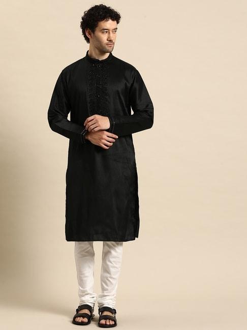 manq-black-&-white-regular-fit-embroidered-kurta-bottom-set