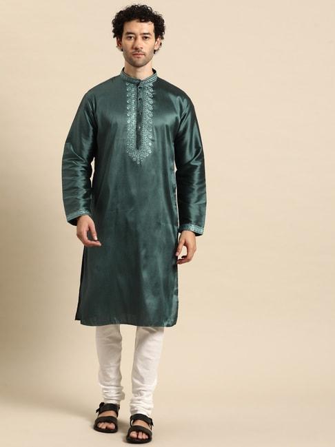manq-teal-green-&-white-regular-fit-embroidered-kurta-bottom-set